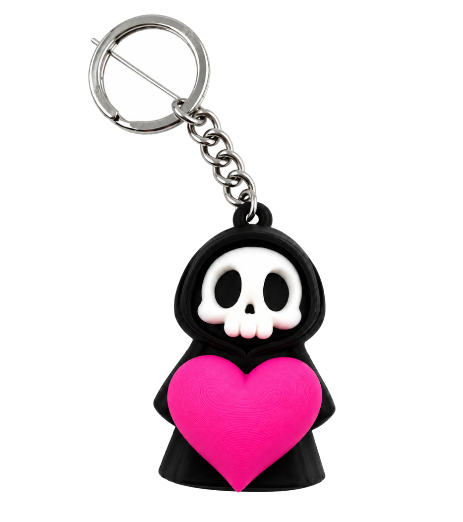Totenkopf-Schlüsselanhänger mit Herz – Gothic-Schlüsselanhänger in Schwarz & Pink