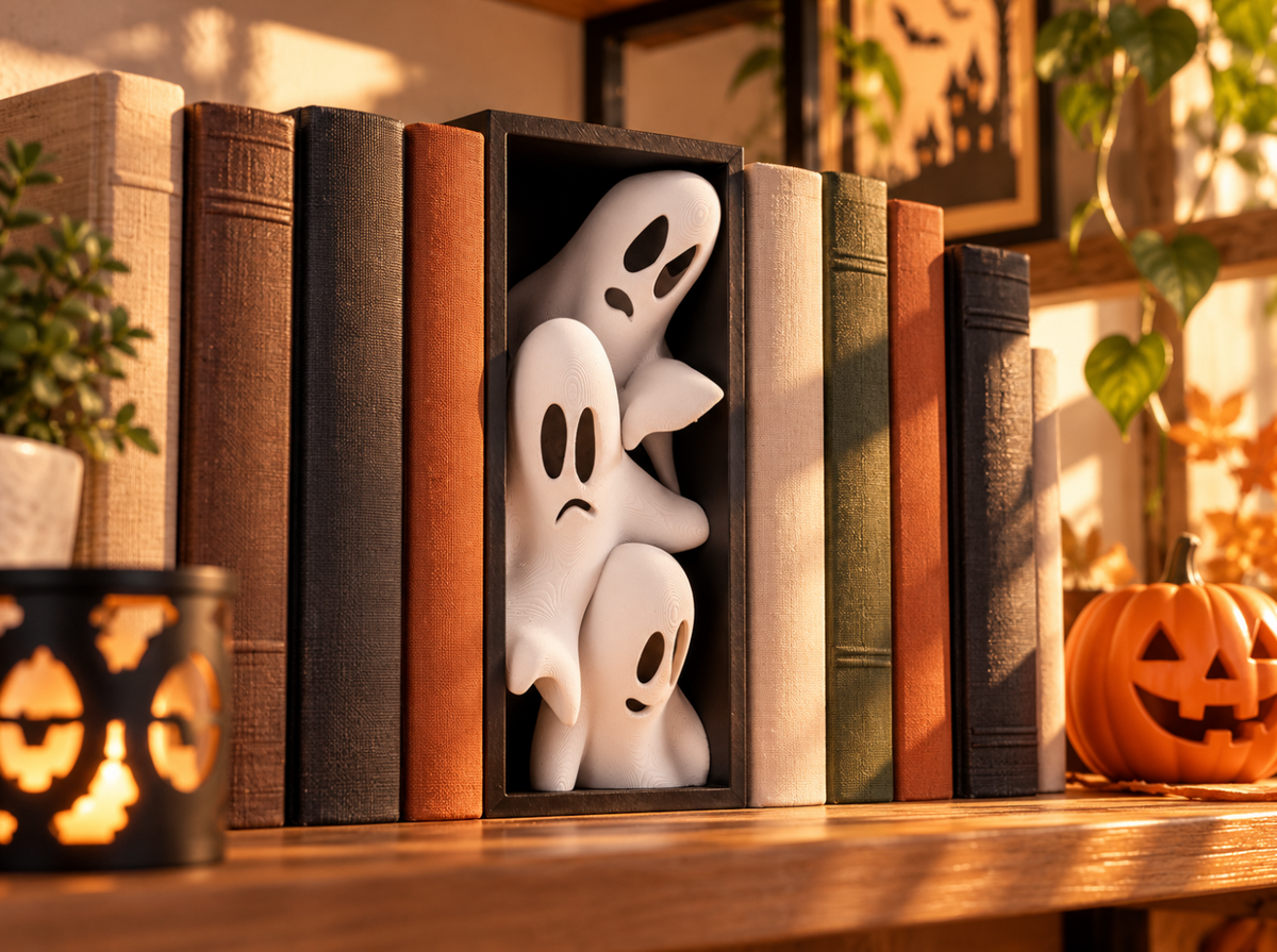 Niedliche Geister-Buchstütze – Halloween-Deko für das Bücherregal