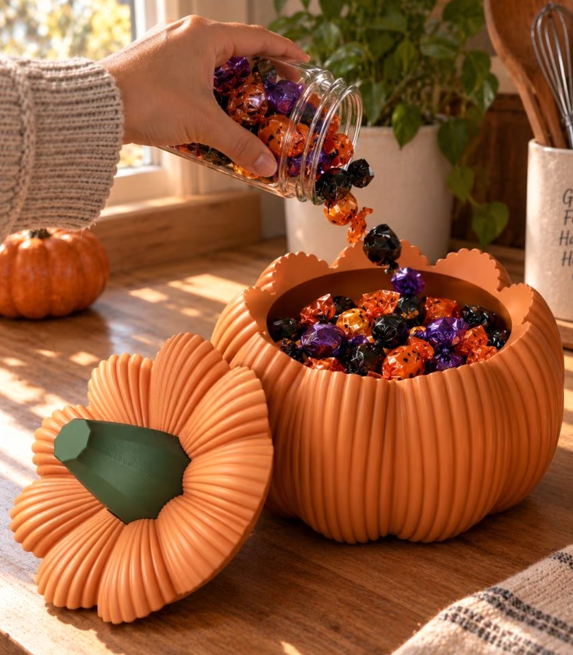 Kürbis-Süßigkeitenschale mit Deckel – Halloween & Herbstdeko