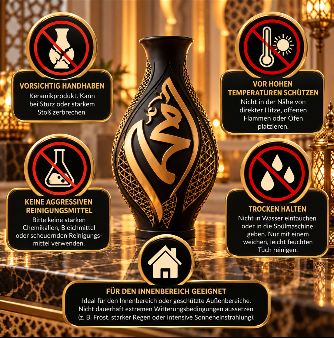 Islamische Deko-Vase – Elegante Kalligrafie in Gold