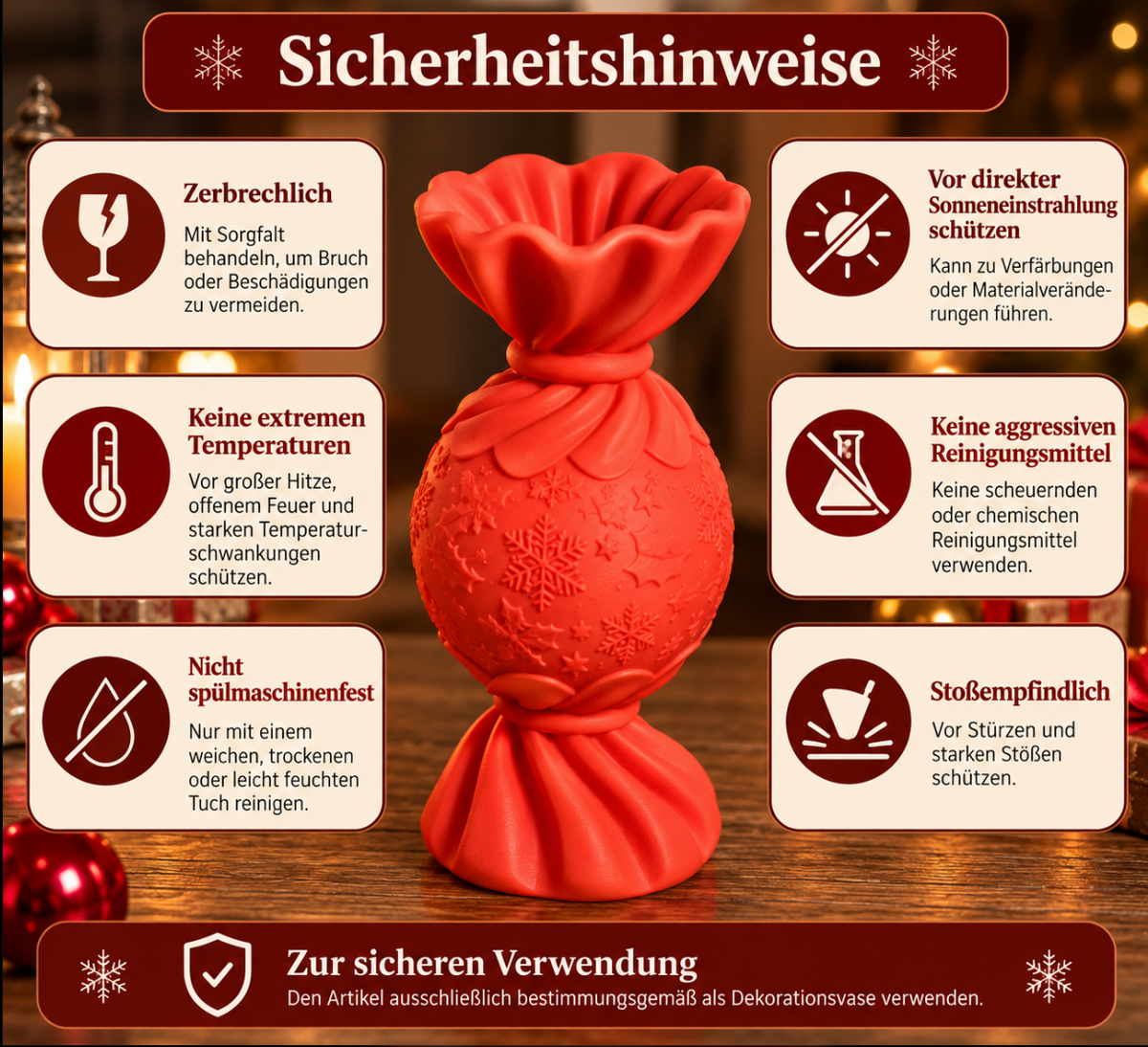 Weihnachtsvase in Rot – Elegante Bonbon-Designvase mit Schneeflocken