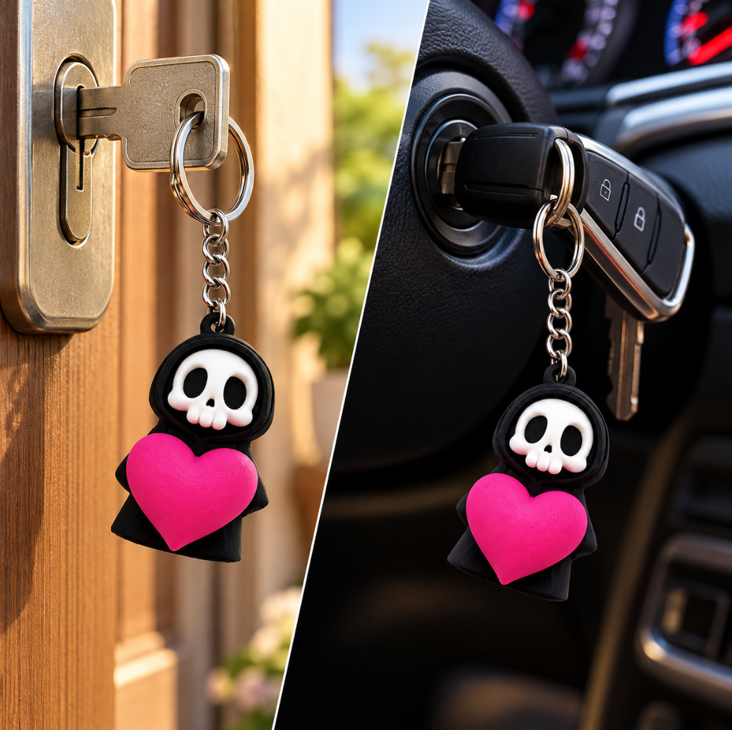 Totenkopf-Schlüsselanhänger mit Herz – Gothic-Schlüsselanhänger in Schwarz & Pink