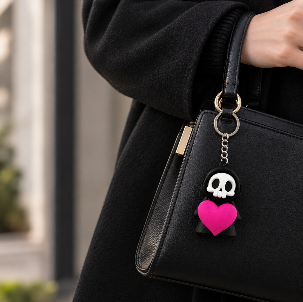 Totenkopf-Schlüsselanhänger mit Herz – Gothic-Schlüsselanhänger in Schwarz & Pink