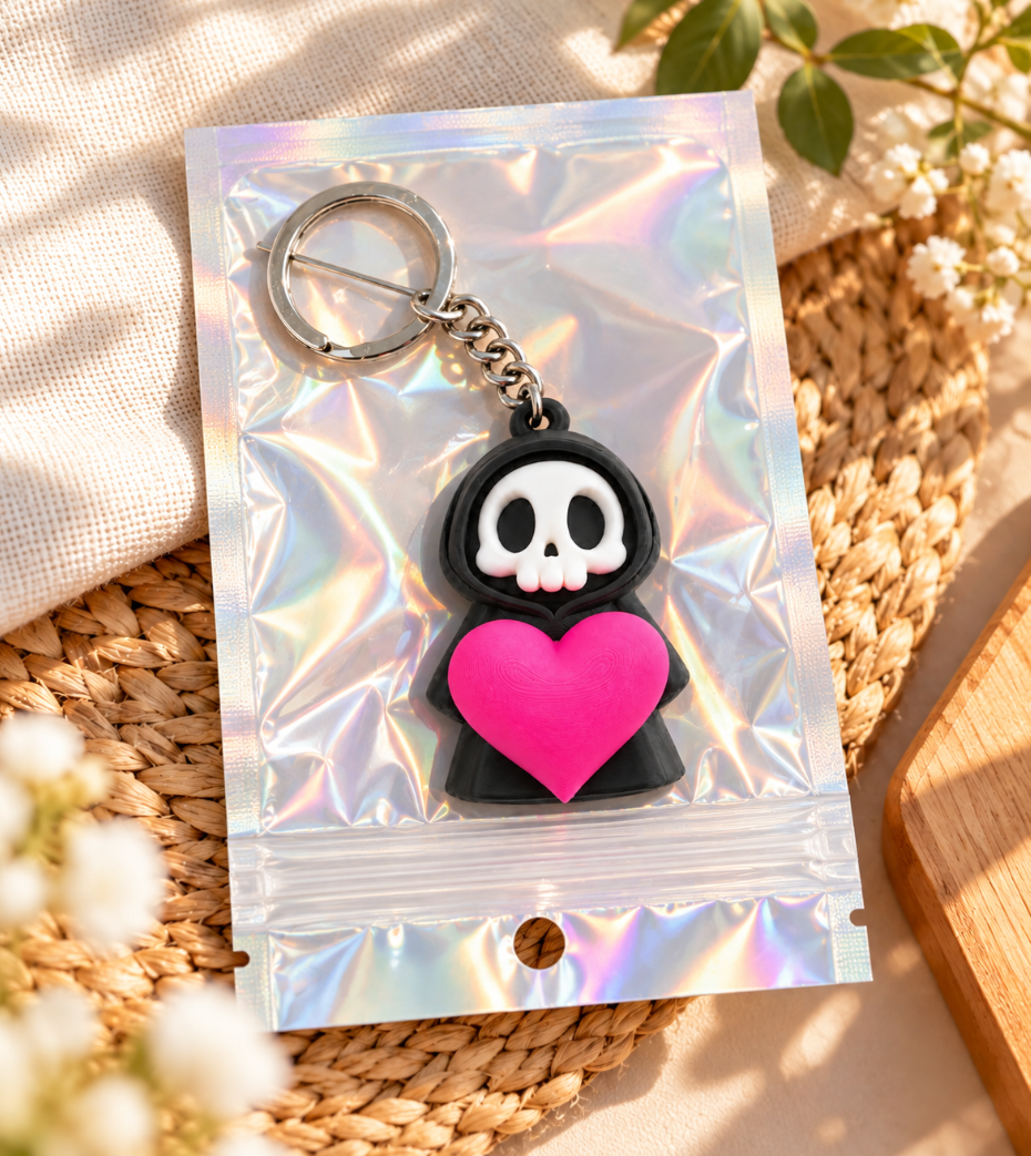 Totenkopf-Schlüsselanhänger mit Herz – Gothic-Schlüsselanhänger in Schwarz & Pink