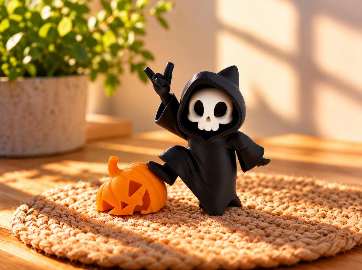 Niedliche Totenkopf Figur mit Kürbis – Halloween Deko