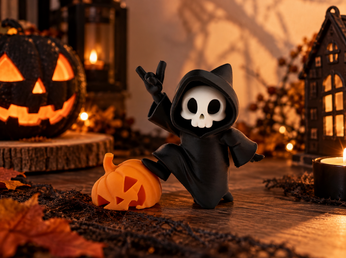 Niedliche Totenkopf Figur mit Kürbis – Halloween Deko