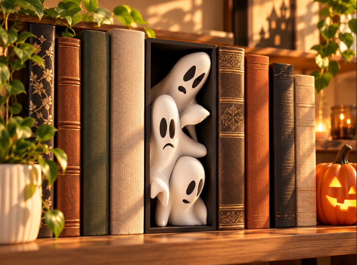 Niedliche Geister-Buchstütze – Halloween-Deko für das Bücherregal