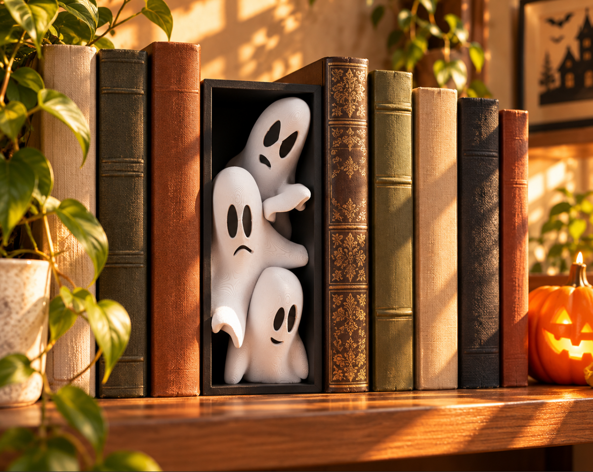 Niedliche Geister-Buchstütze – Halloween-Deko für das Bücherregal