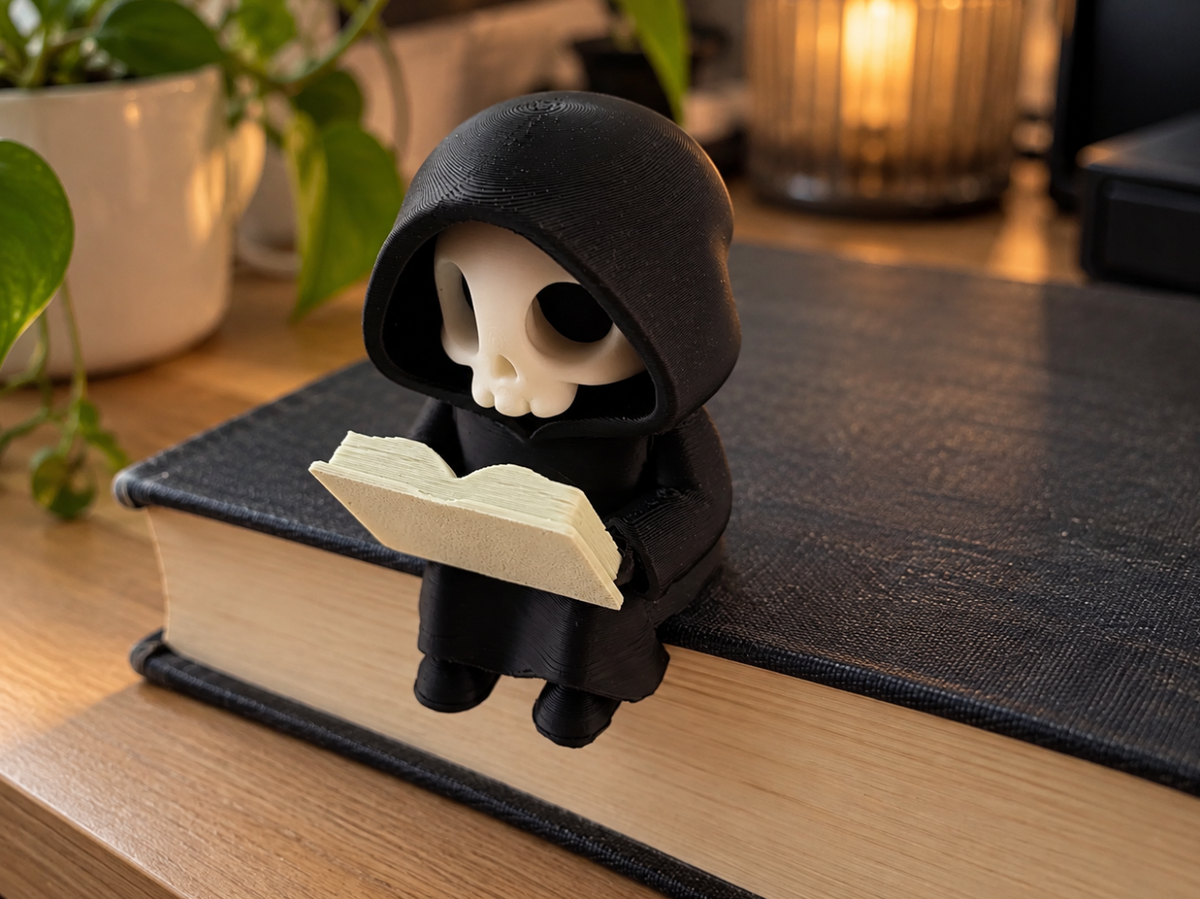 Totenkopf-Figur mit Buch – Gothic-Deko für Bücherregal & Leseecke