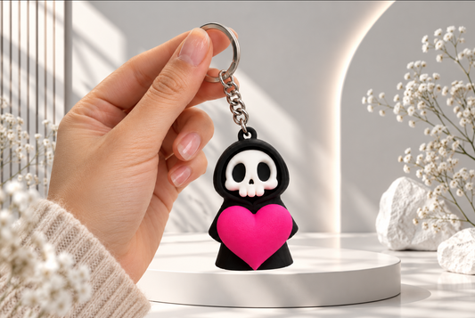 Totenkopf-Schlüsselanhänger mit Herz – Gothic-Schlüsselanhänger in Schwarz & Pink