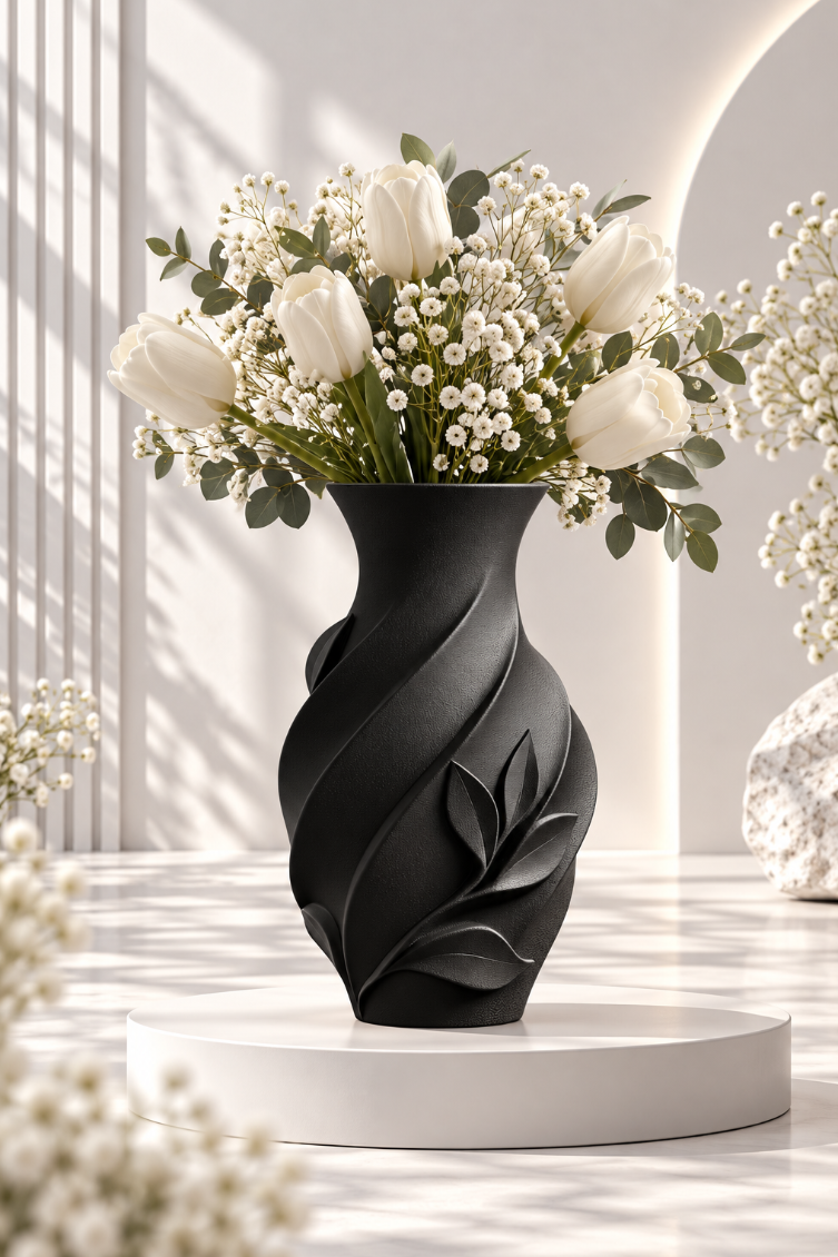 Moderne Blatt Vase – Schwarze Design Vase für Trockenblumen & Wohndeko
