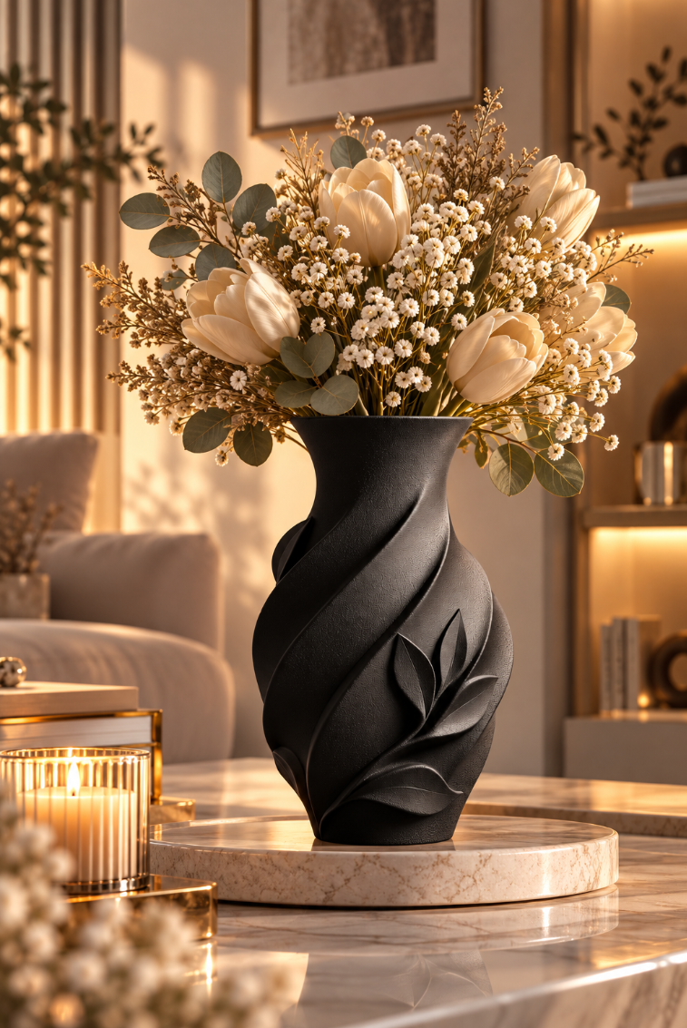 Moderne Blatt Vase – Schwarze Design Vase für Trockenblumen & Wohndeko