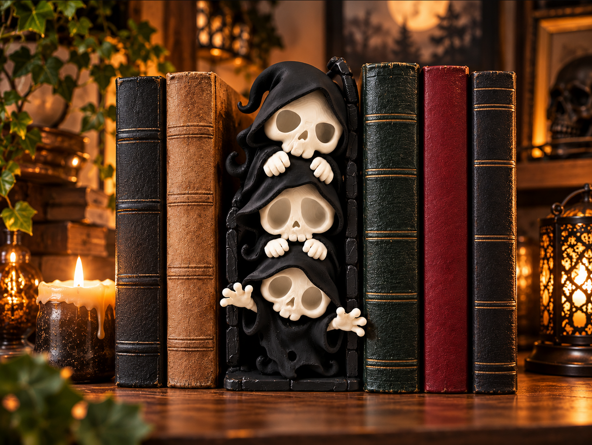 Totenkopf Buchstütze – Gothic Deko für Bücherregal & Halloween