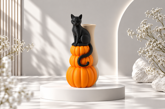 Halloween Vase mit schwarzer Katze & Kürbissen – Herbstdeko