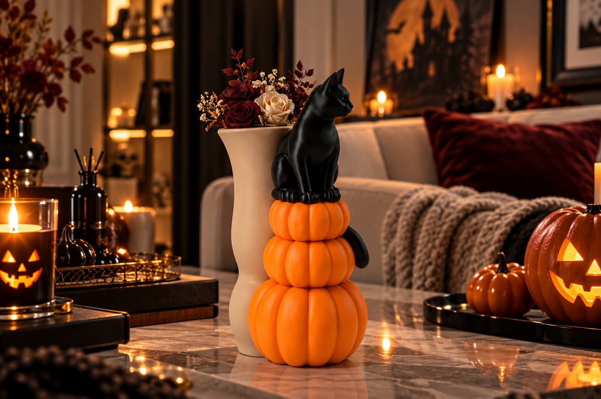 Halloween Vase mit schwarzer Katze & Kürbissen – Herbstdeko