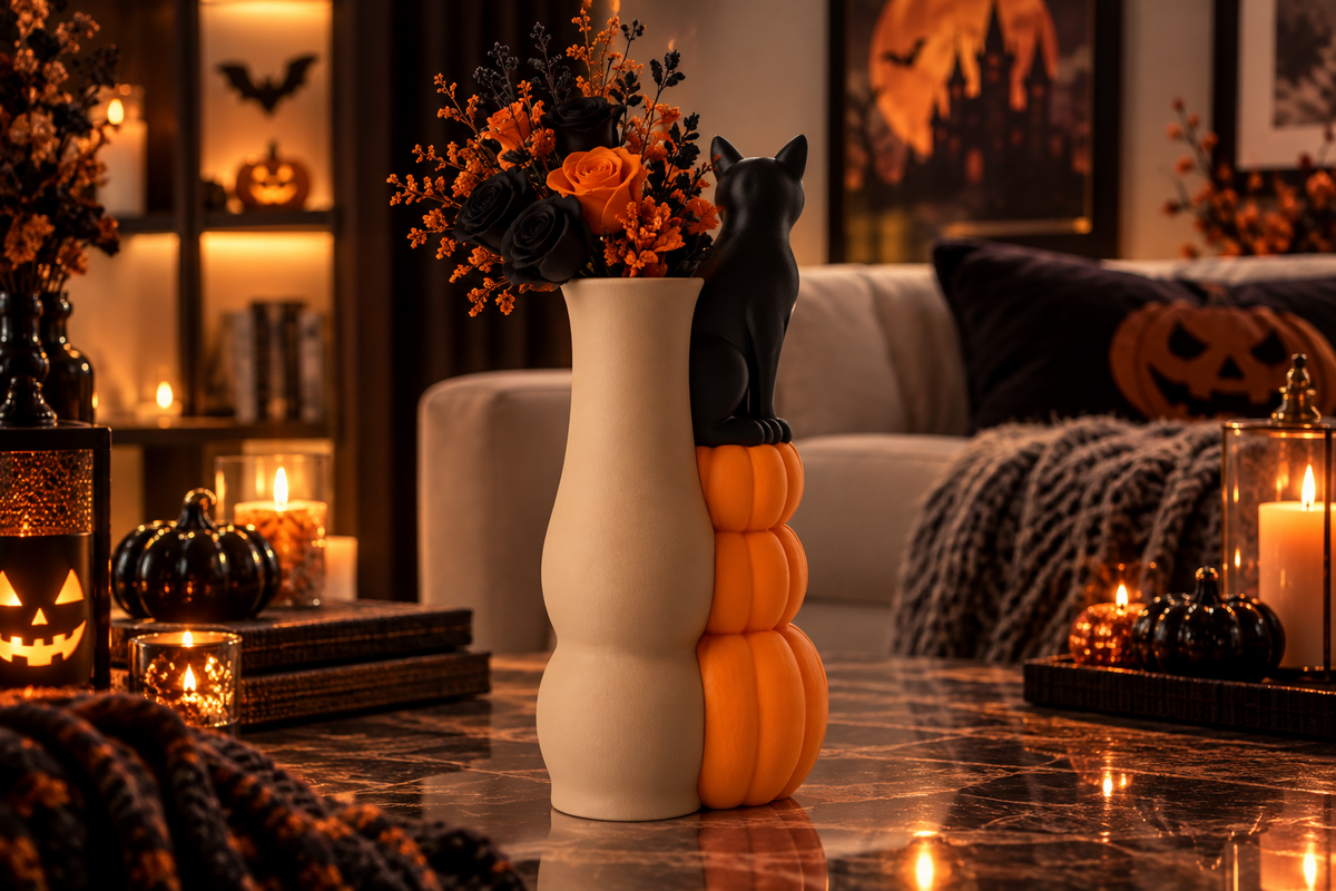 Halloween Vase mit schwarzer Katze & Kürbissen – Herbstdeko