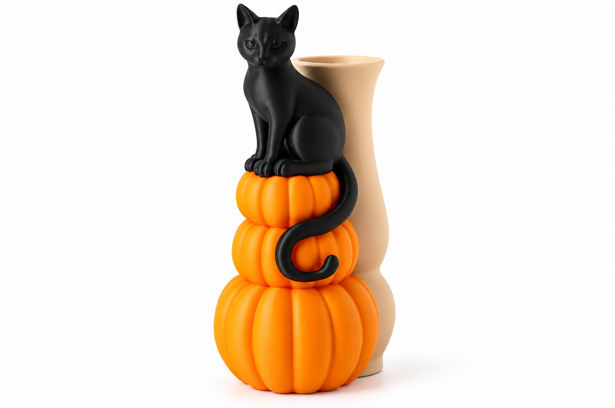 Halloween Vase mit schwarzer Katze & Kürbissen – Herbstdeko