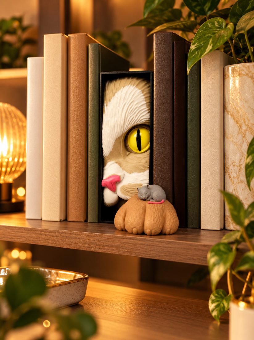 Katzen Buchstütze mit Maus – Deko fürs Bücherregal