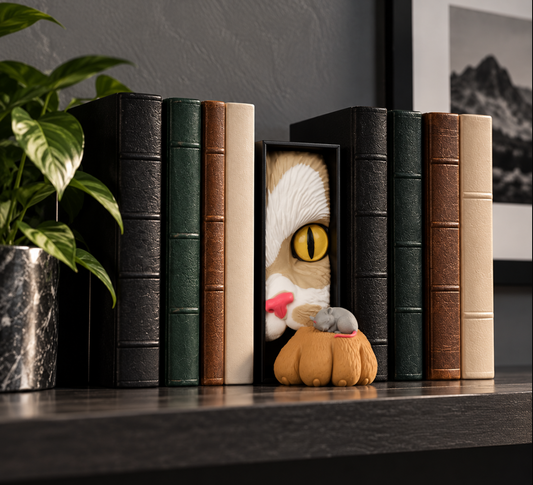 Katzen Buchstütze mit Maus – Deko fürs Bücherregal