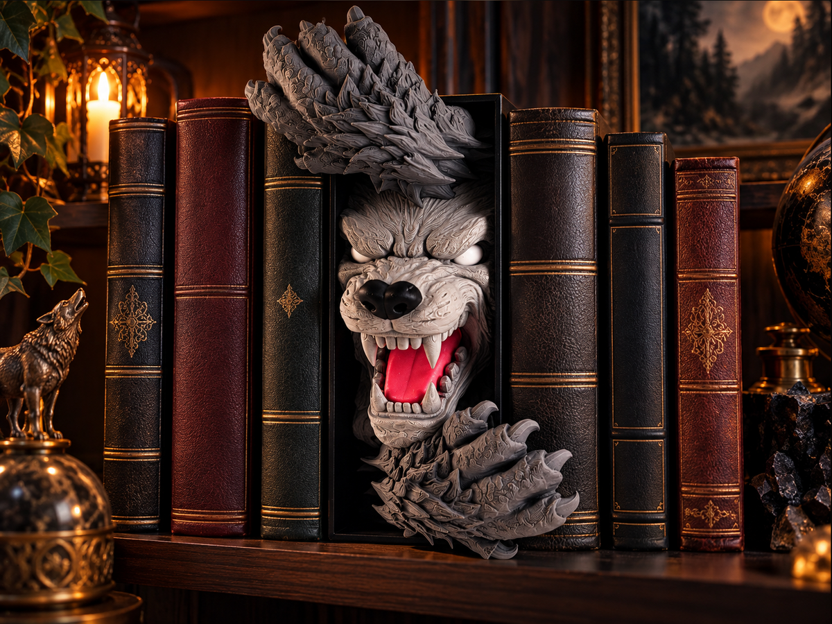 Wolf Buchstütze 3D – Dekorativer Wolfskopf mit Krallen für Bücherregal & Gothic Deko