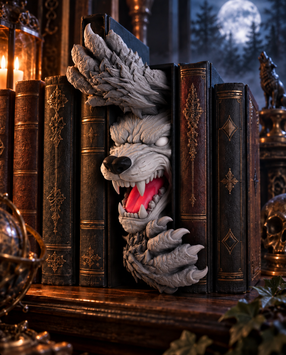 Wolf Buchstütze 3D – Dekorativer Wolfskopf mit Krallen für Bücherregal & Gothic Deko