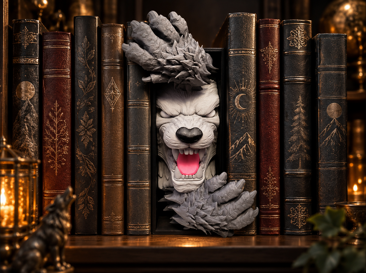Wolf Buchstütze 3D – Dekorativer Wolfskopf mit Krallen für Bücherregal & Gothic Deko