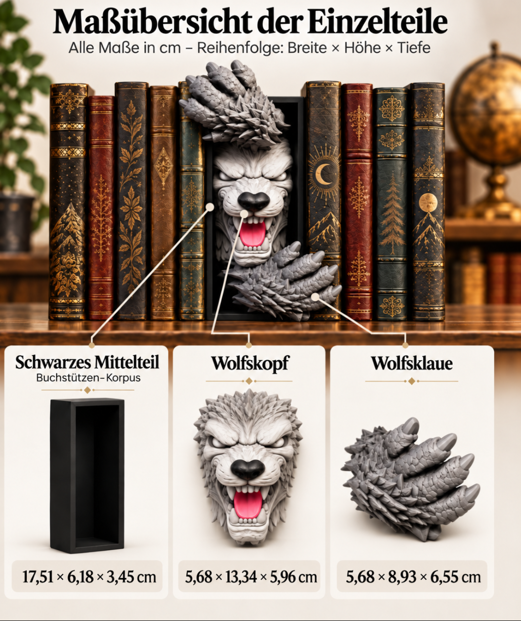 Wolf Buchstütze 3D – Dekorativer Wolfskopf mit Krallen für Bücherregal & Gothic Deko