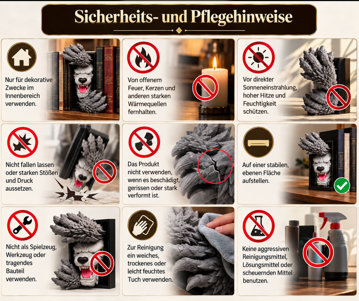 Wolf Buchstütze 3D – Dekorativer Wolfskopf mit Krallen für Bücherregal & Gothic Deko