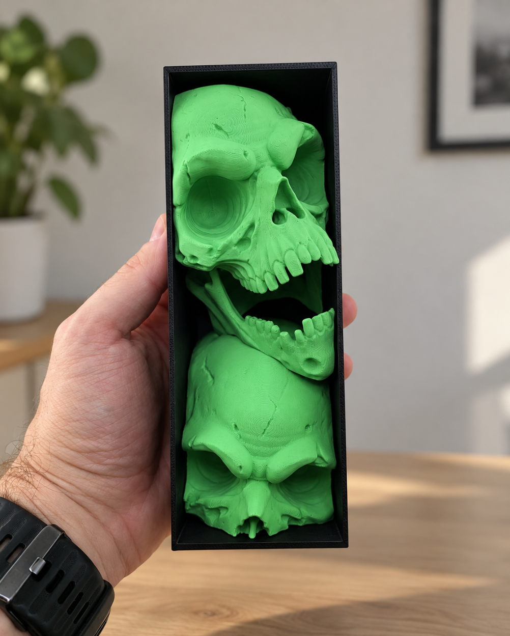 Gothic Schädel-Deko im Rahmen – Skulpturales Design für Regal & Sammler