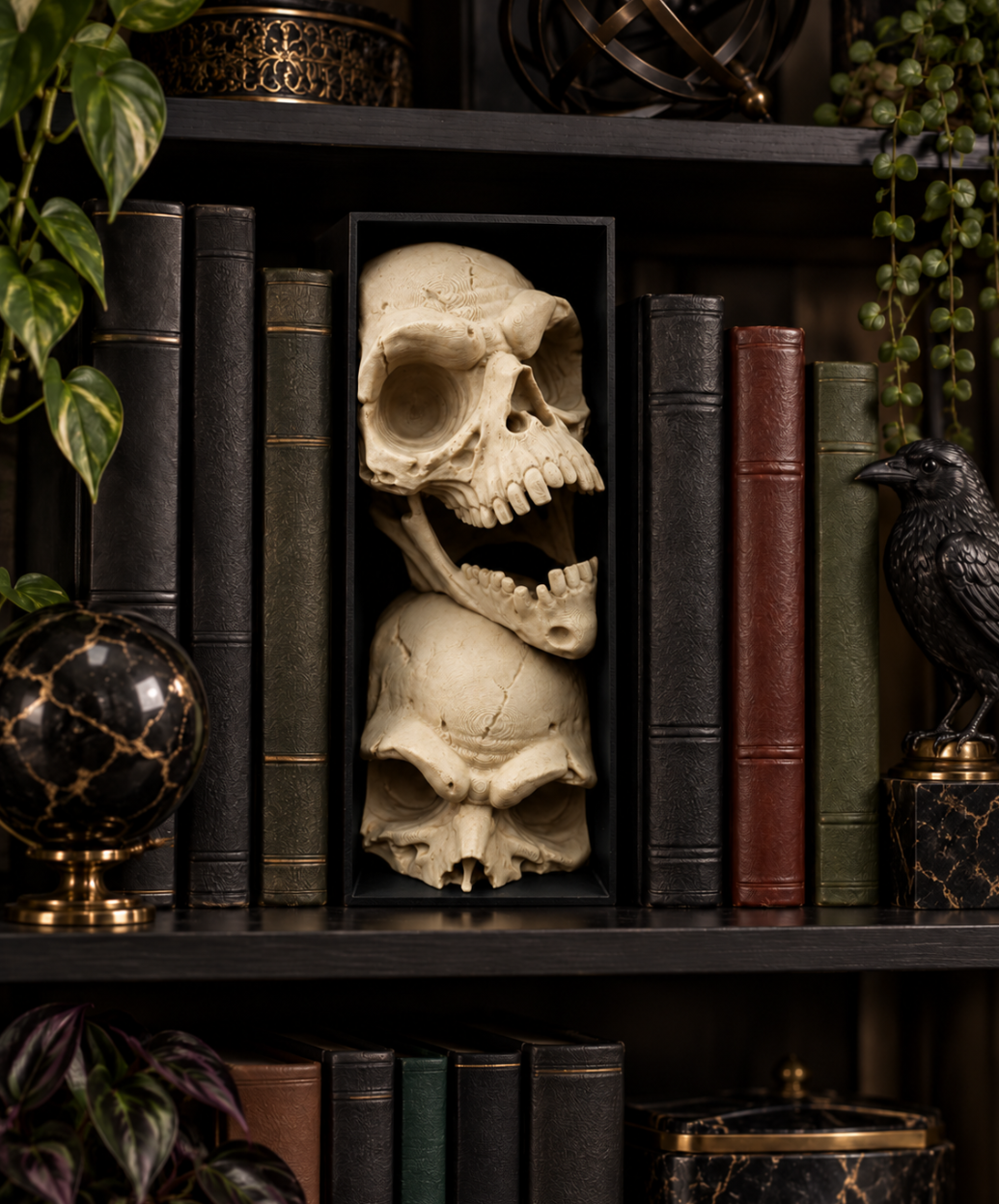Gothic Schädel-Deko im Rahmen – Skulpturales Design für Regal & Sammler