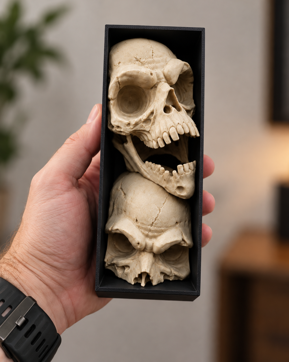 Gothic Schädel-Deko im Rahmen – Skulpturales Design für Regal & Sammler