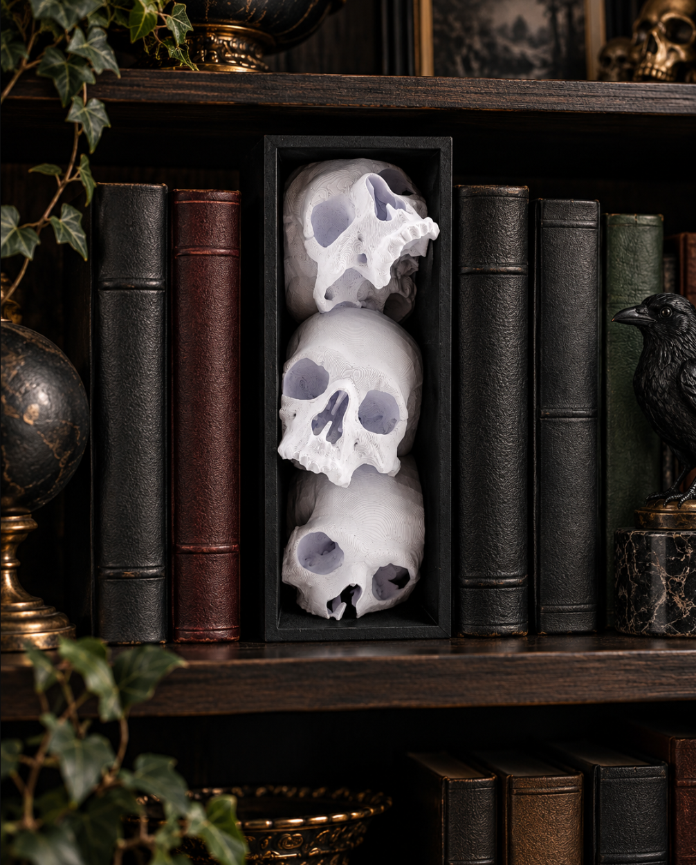 3er Totenkopf-Deko im schwarzen Rahmen – Gothic Schädel für Regal & Sammler