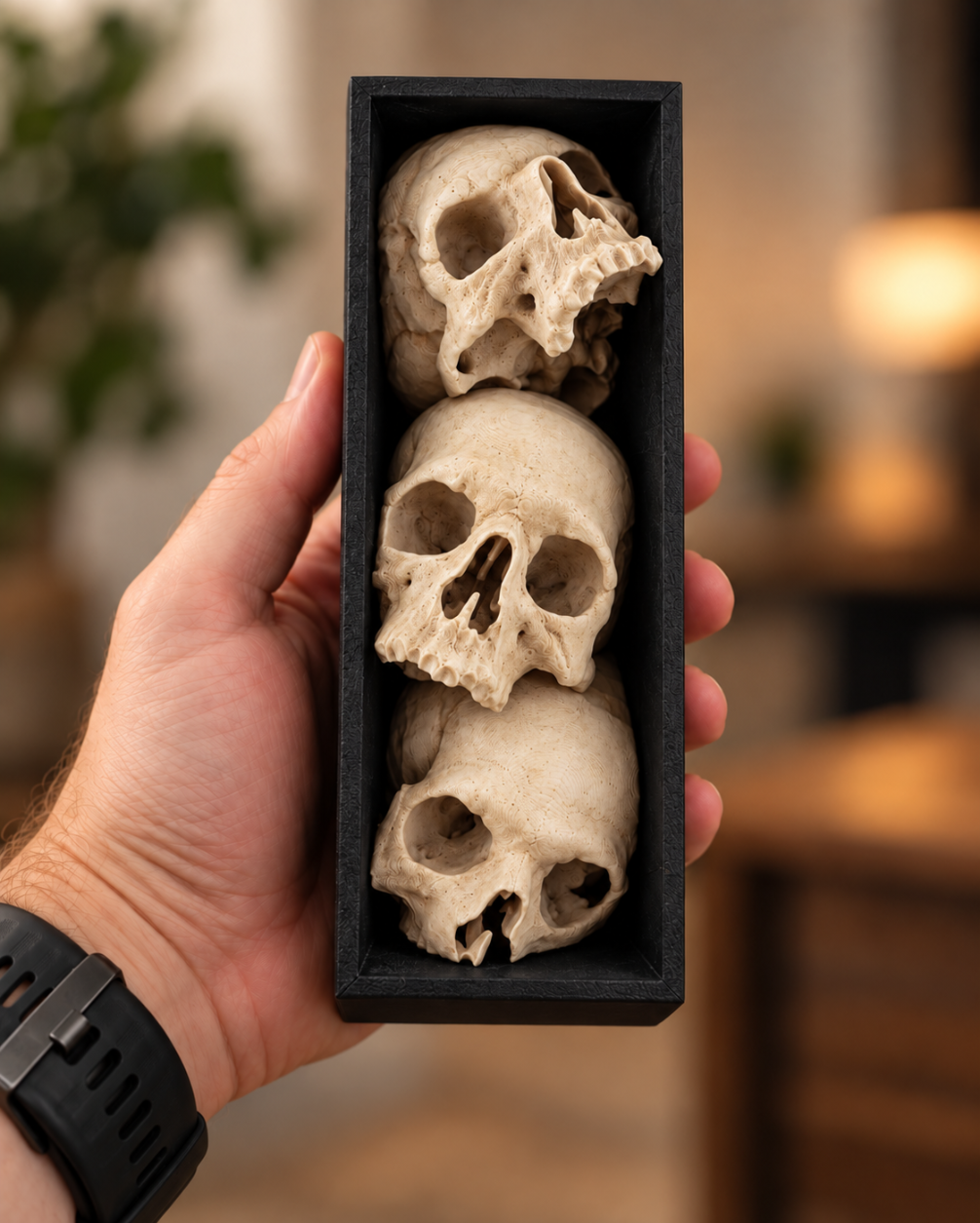 3er Totenkopf-Deko im schwarzen Rahmen – Gothic Schädel für Regal & Sammler