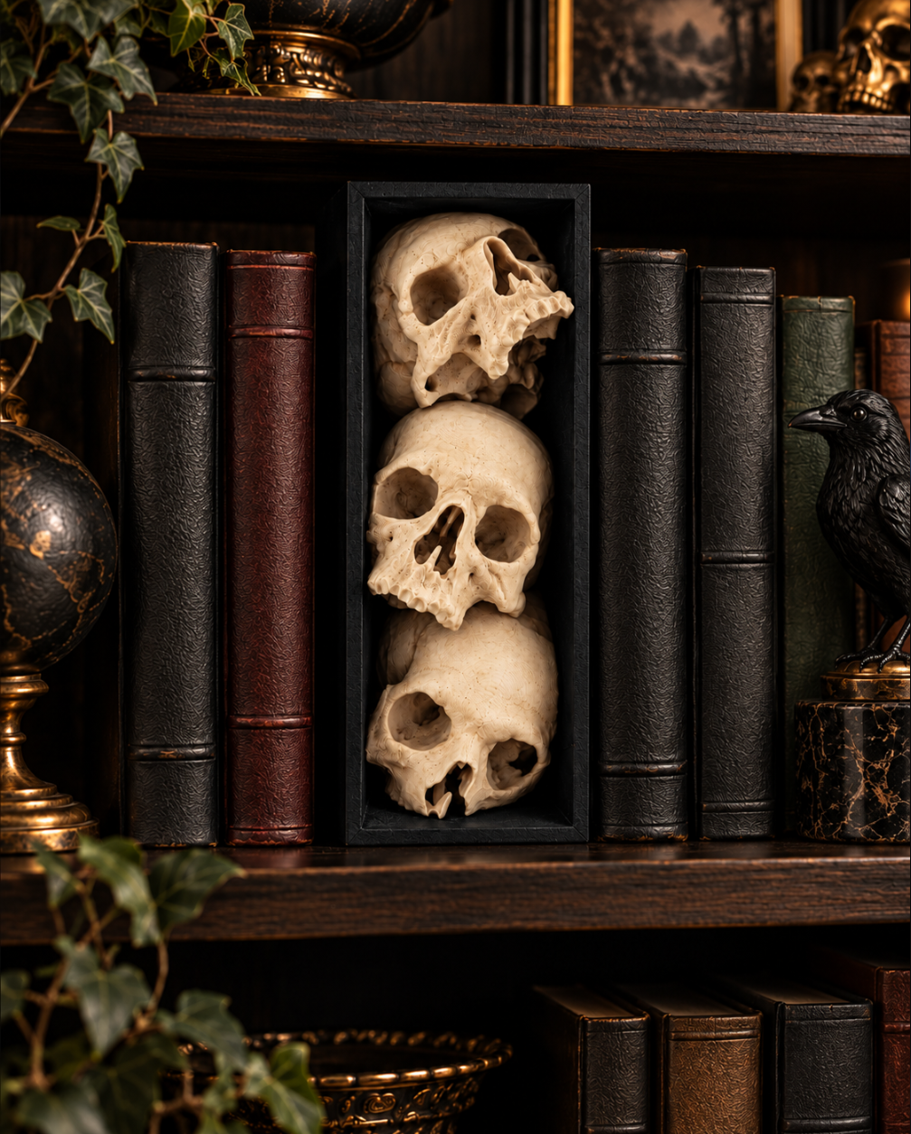 3er Totenkopf-Deko im schwarzen Rahmen – Gothic Schädel für Regal & Sammler