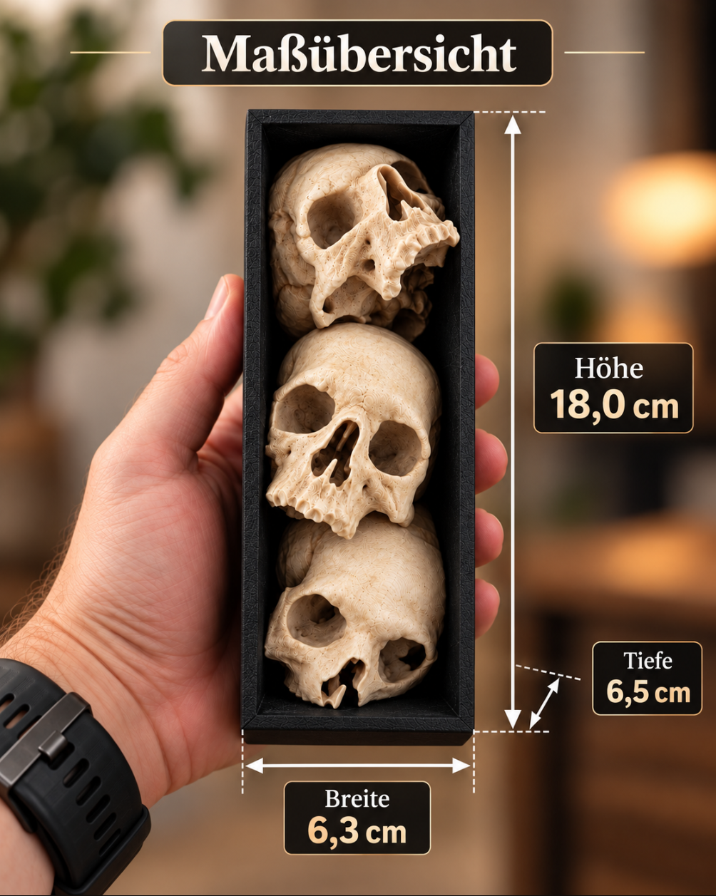 3er Totenkopf-Deko im schwarzen Rahmen – Gothic Schädel für Regal & Sammler