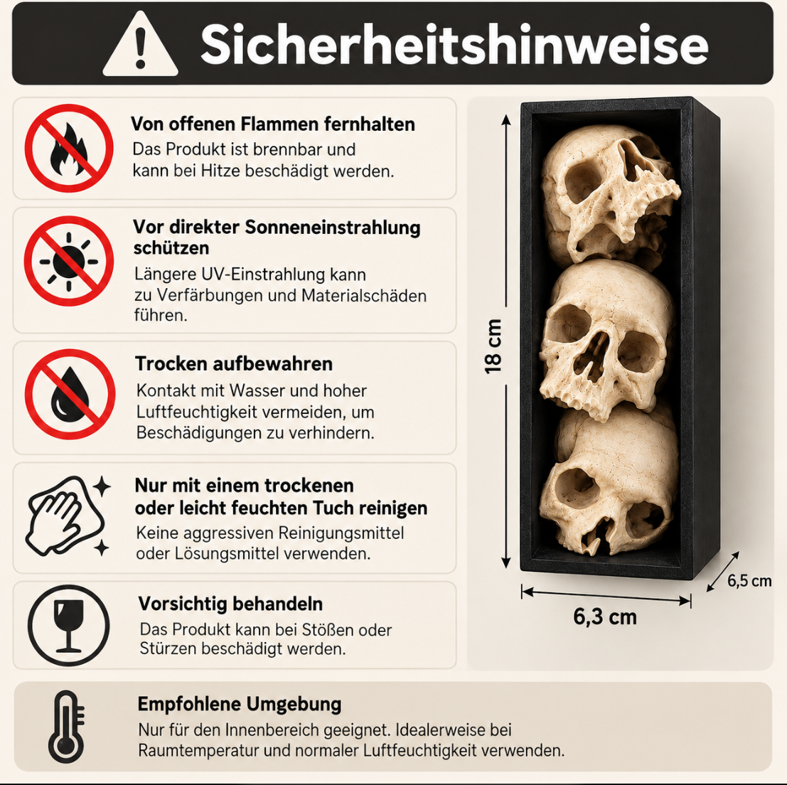 3er Totenkopf-Deko im schwarzen Rahmen – Gothic Schädel für Regal & Sammler