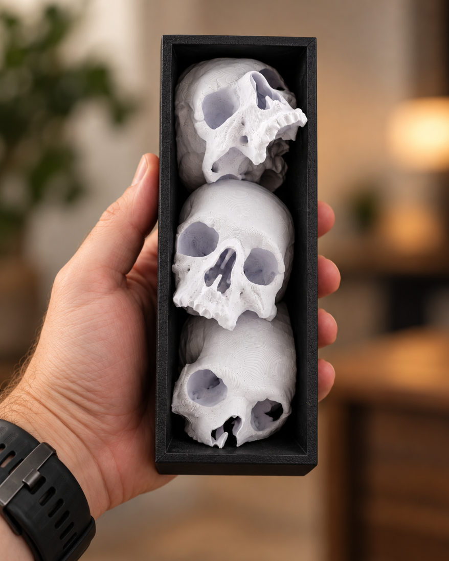 3er Totenkopf-Deko im schwarzen Rahmen – Gothic Schädel für Regal & Sammler