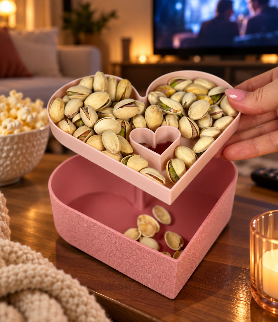 Herzförmige Pistazienschale mit Abfallfach – Snackschale für Nüsse & Filmabend