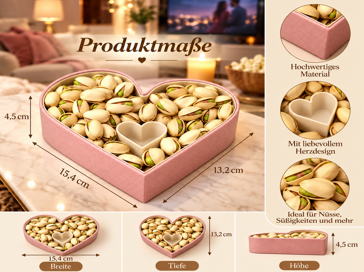 Herzförmige Pistazienschale mit Abfallfach – Snackschale für Nüsse & Filmabend