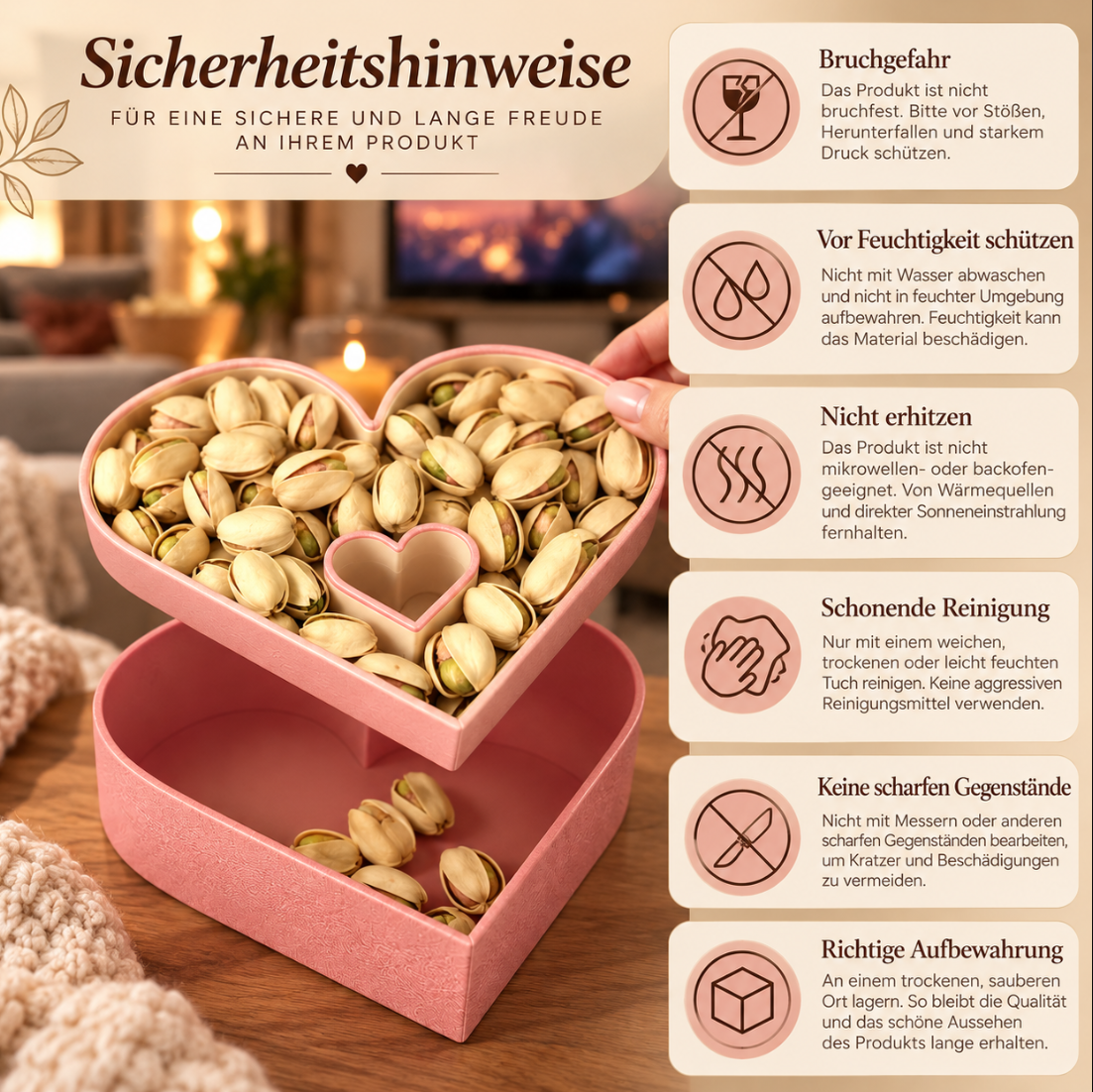 Herzförmige Pistazienschale mit Abfallfach – Snackschale für Nüsse & Filmabend