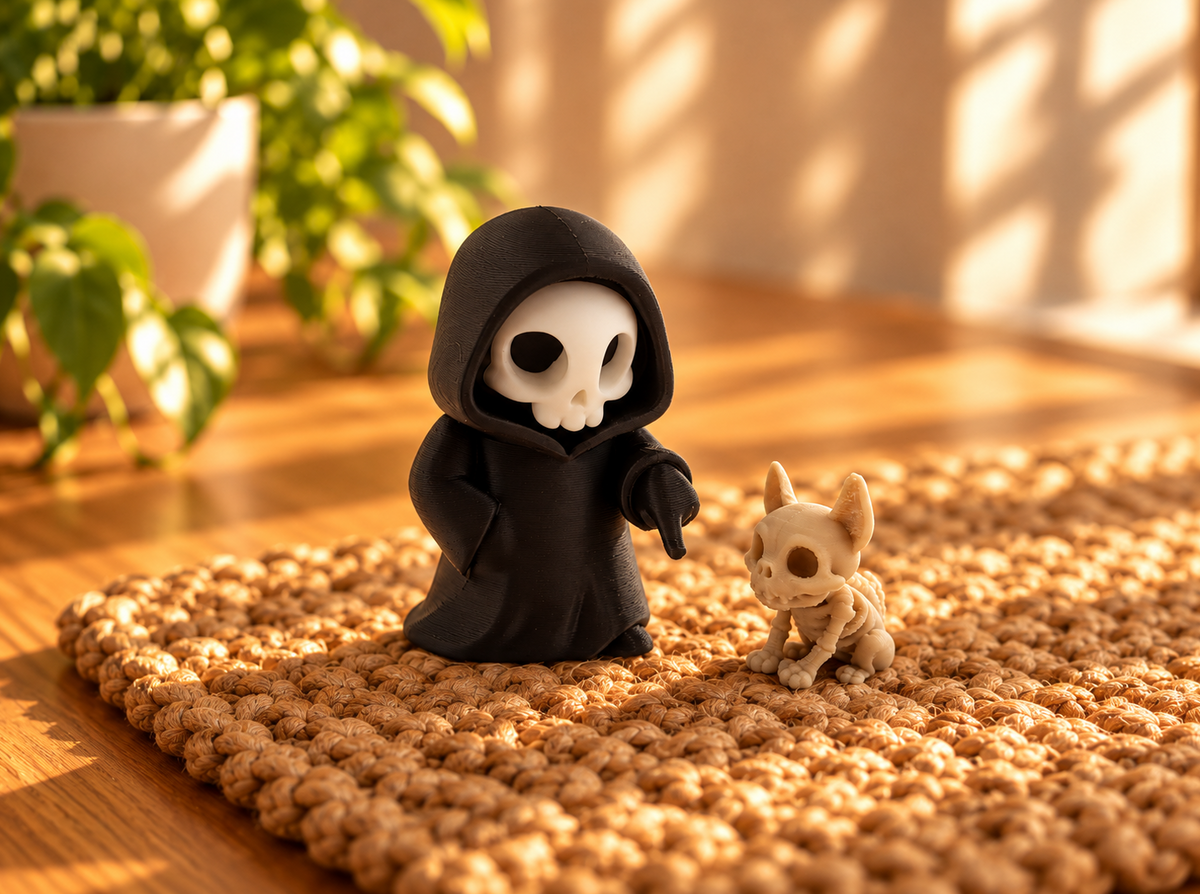 Sensenmann mit Skelettkatze – Süß-düstere Gothic Deko