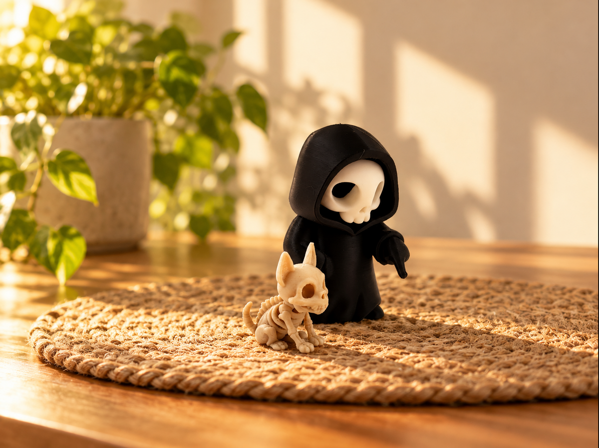 Sensenmann mit Skelettkatze – Süß-düstere Gothic Deko