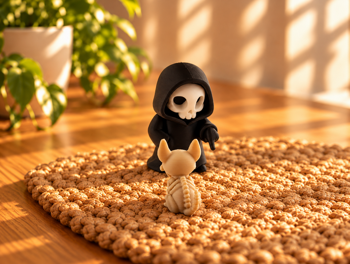 Sensenmann mit Skelettkatze – Süß-düstere Gothic Deko