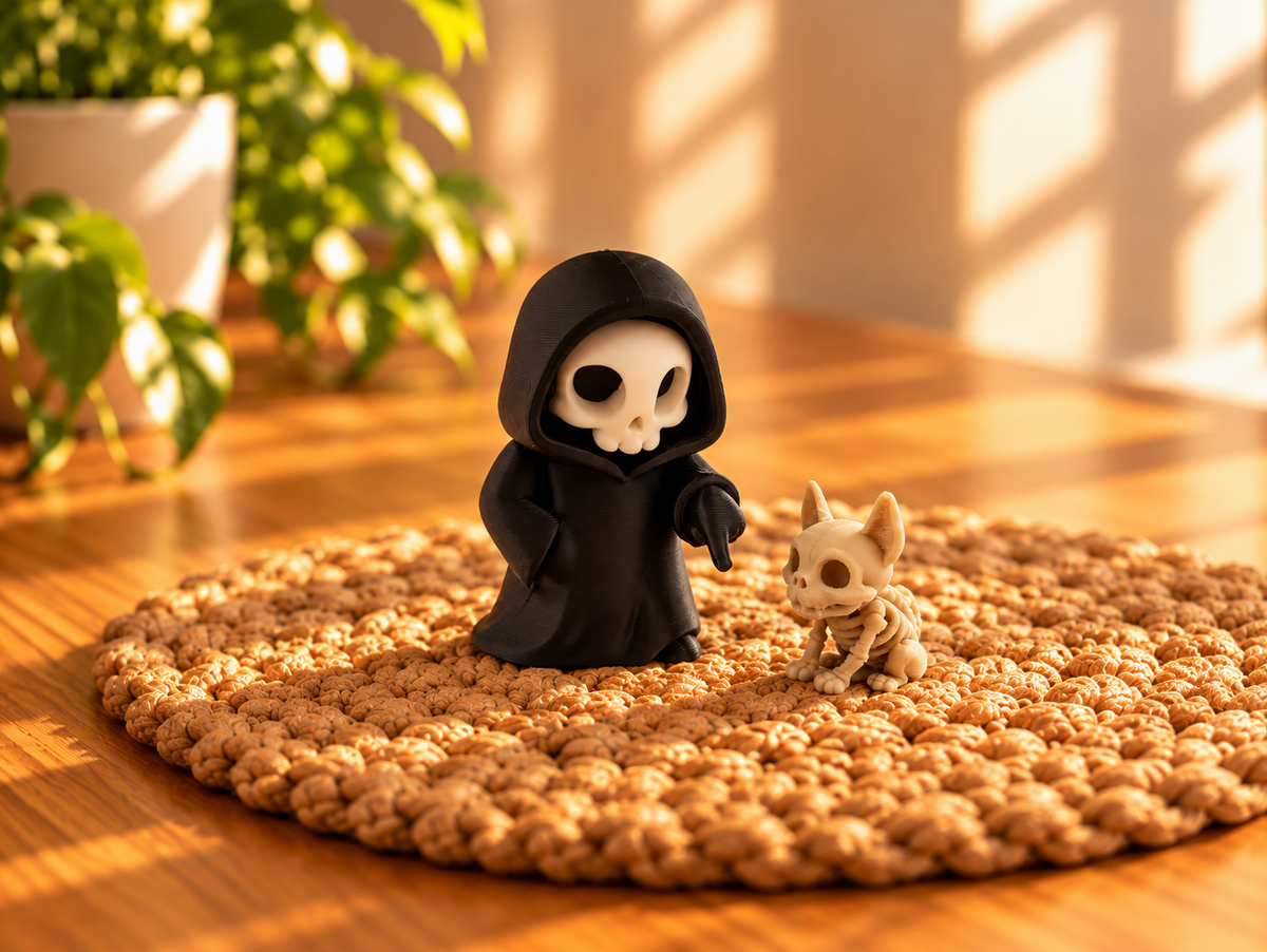Sensenmann mit Skelettkatze – Süß-düstere Gothic Deko
