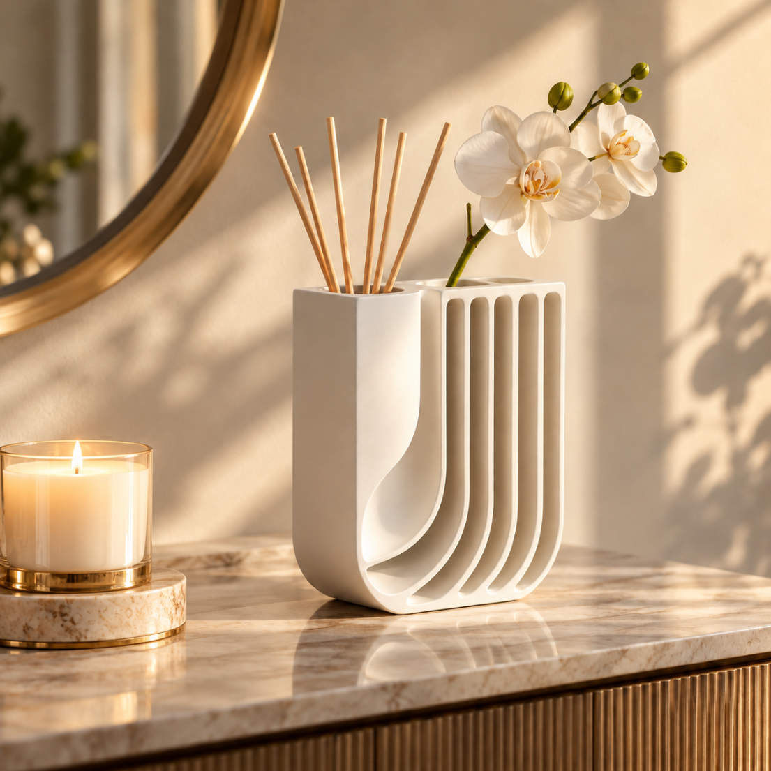 Moderne Designvase in Weiß – Elegante Deko für Blumen & Duftstäbchen