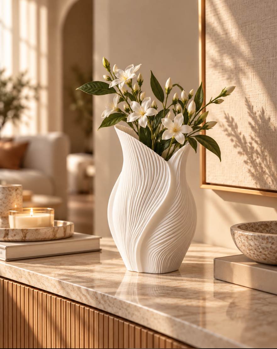 Weiße Designvase mit Spiralstruktur – Elegante Moderne Wohndeko