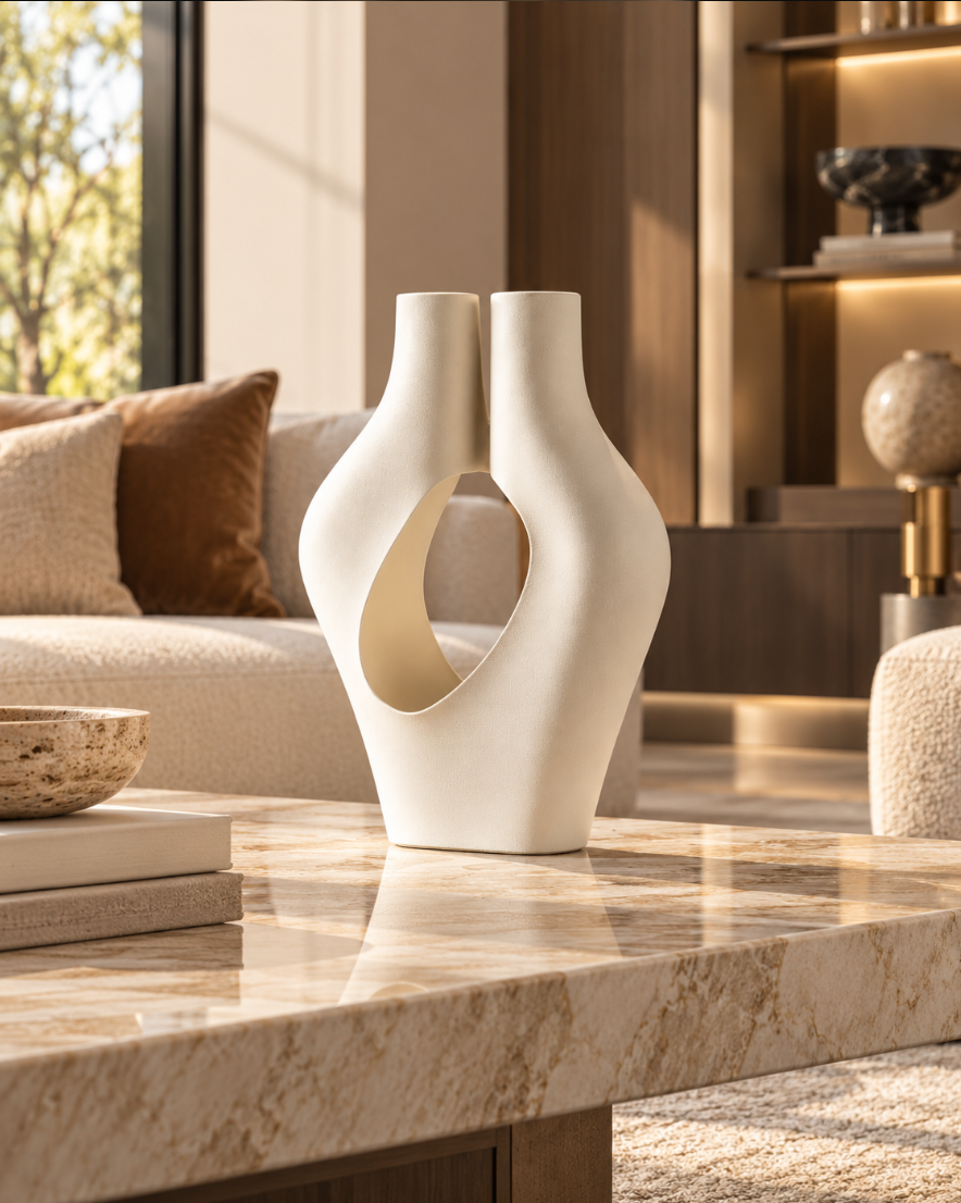 Skulpturale Designvase in Weiß – Moderne Deko mit 2 Öffnungen