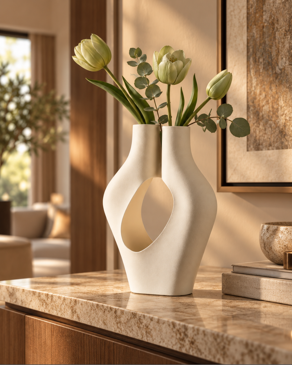 Skulpturale Designvase in Weiß – Moderne Deko mit 2 Öffnungen