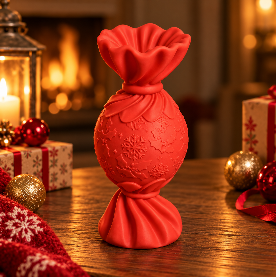 Weihnachtsvase in Rot – Elegante Bonbon-Designvase mit Schneeflocken