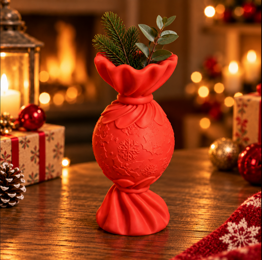 Weihnachtsvase in Rot – Elegante Bonbon-Designvase mit Schneeflocken